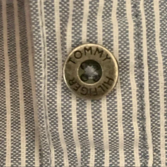 TOMMY HILFIGER Striped Denim Ruffle Dress Sleeveless 100% Cotton Blue & White 5 - Picture 14 of 16